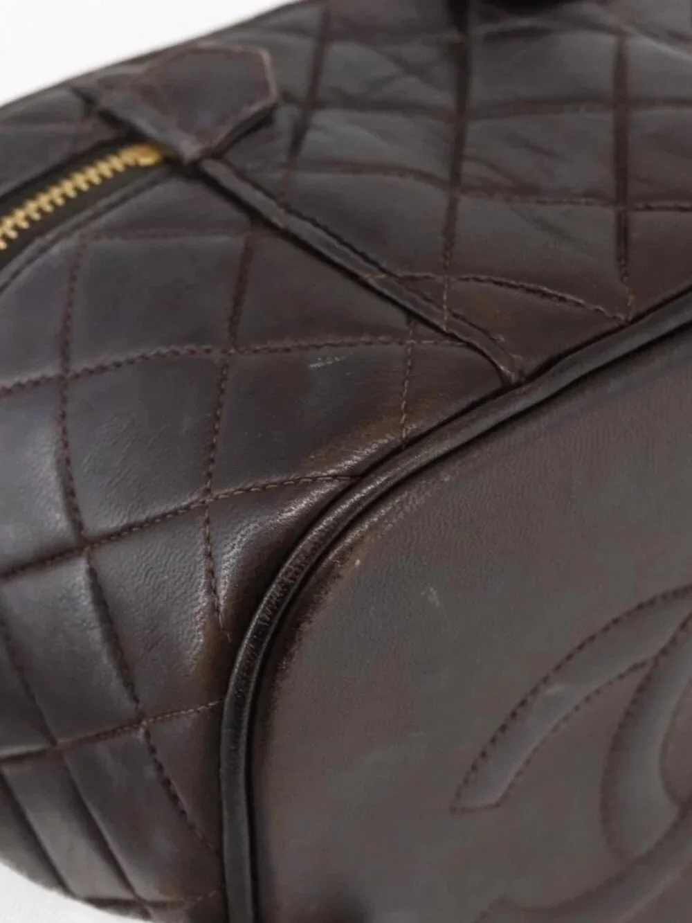 CHANEL Matelasse Vanity Hand Bag Lamb Skin Dark Brown Gold CC Auth 170916